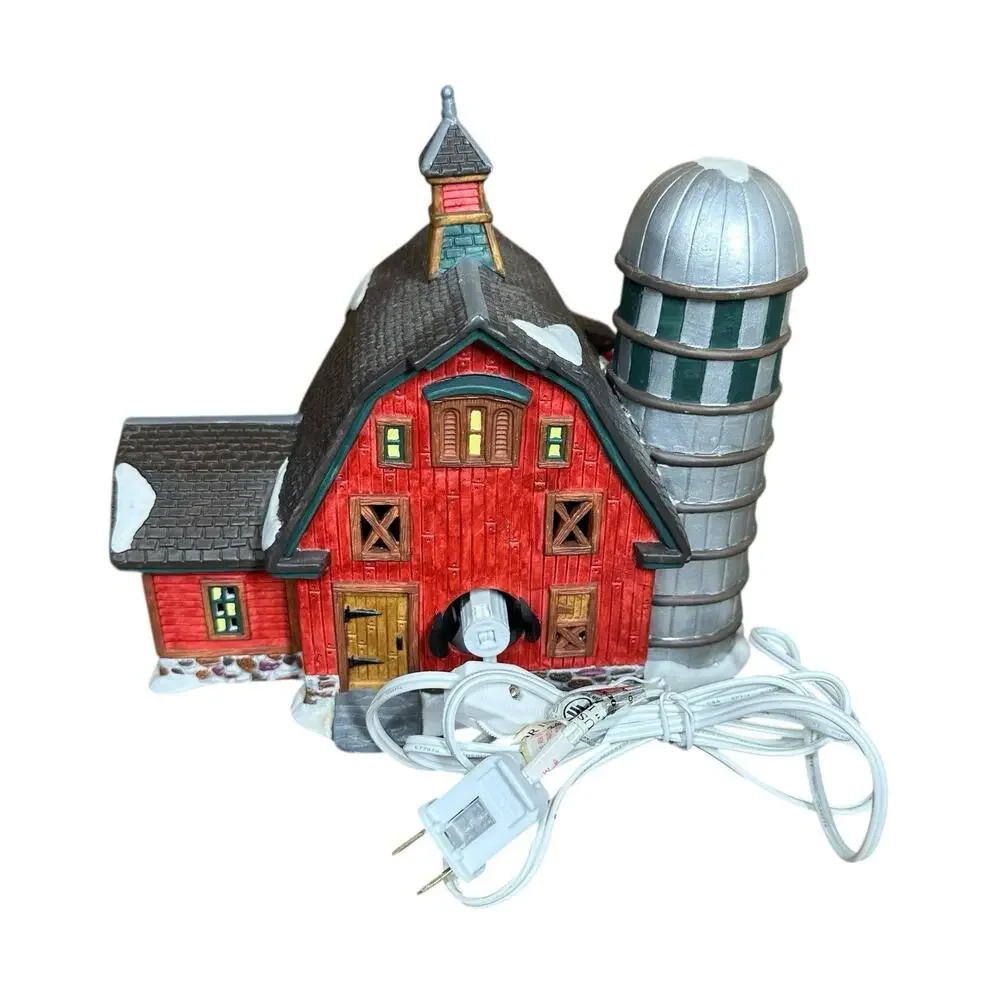 Vtg O'Well Heartland Valley Village Red Barn w/ Silo Lighted Porcelain House 90s